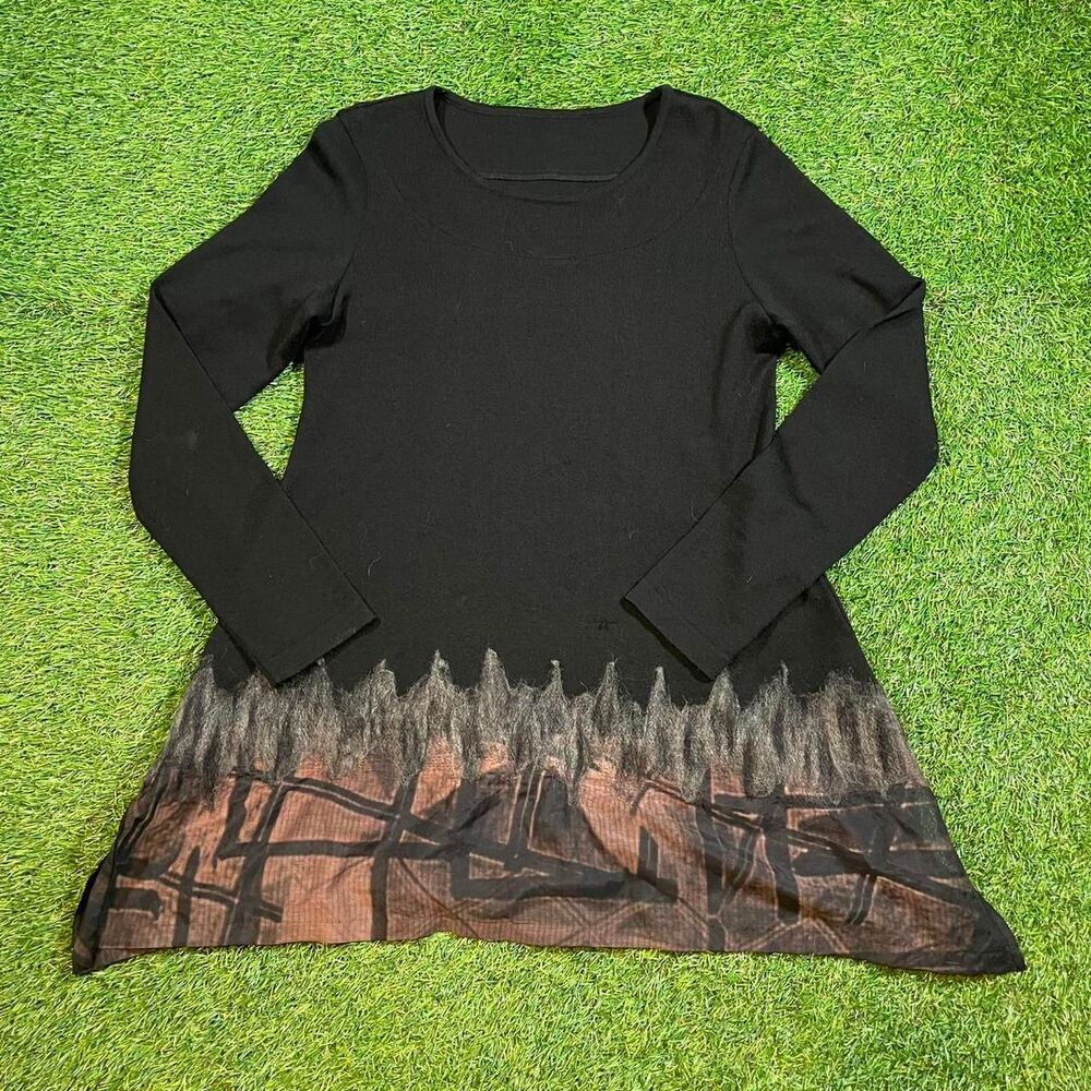 Japanese Designer black long sleeve gothic top with abstract wool flame design